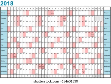Year Planner 2018 linearly with public holidays for the USA
