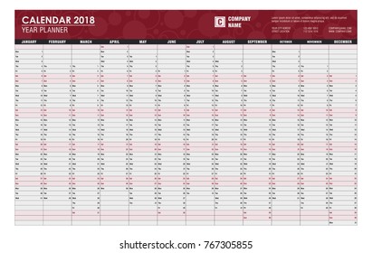 Year planner for 2018. Place for the logo, company name, slogan, address and phone numbers. Vector illustration.