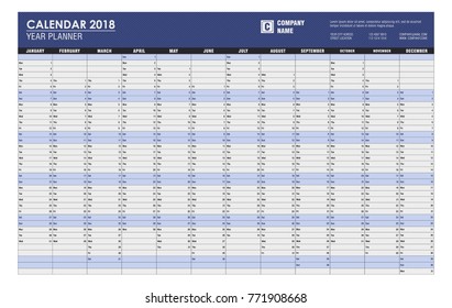 Year planner for 2018. Place for the logo, company name, slogan, address and phone numbers. Vector illustration.