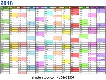 Year Planner 2018 with public holidays  for the USA and each month in a different color