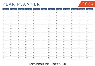 Año Planificador 2020. Colores azul oscuro y lava. Calendario de pared. Vector