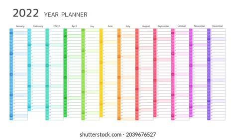 Year planner, 2022 calendar with monthly vertical grid in rainbow colors. Template planner for schedule, events and holidays. Vector business organizer, calender grid