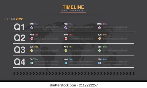 Year planner calendar, 12 months, 4 quater, Timeline infographics design vector and Presentation business can be used for Business concept with 12 options, steps or processes, goal Dark mode Black ver