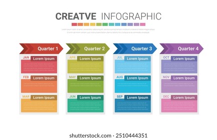 Calendario del planificador de año, 12 meses, 4 trimestre, Vector de diseño de infografías de línea de tiempo y negocios de presentación se pueden utilizar para el concepto de negocio con 12 opciones, pasos o procesos. Vector EPS.