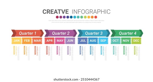 Calendario del planificador de año, 12 meses, 4 trimestre, Vector de diseño de infografías de línea de tiempo y negocios de presentación se pueden utilizar para el concepto de negocio con 12 opciones, pasos o procesos. Vector EPS.