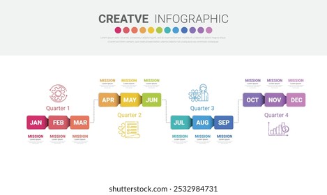 Calendario del planificador de año, 12 meses, 4 trimestre, Vector de diseño de infografías de línea de tiempo y negocios de presentación se pueden utilizar para el concepto de negocio con 12 opciones, pasos o procesos. Vector EPS.