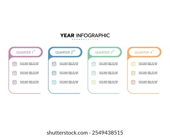 Calendario de planificación anual con 12 meses y 4 trimestres. Concepto de infografía de línea de tiempo de negocios.