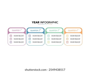 Calendario de planificación anual con 12 meses y 4 trimestres. Concepto de infografía de línea de tiempo de negocios.