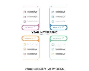 Calendario de planificación anual con 12 meses y 4 trimestres. Concepto de infografía de línea de tiempo de negocios.