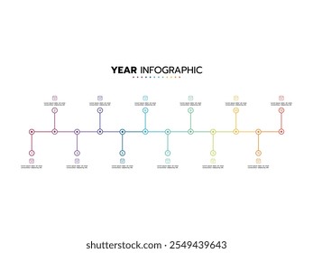 Um calendário do planejador de ano com 12 meses, um cronograma para 1 ano, o negócio de apresentação pode ser usado para fluxo de trabalho, diagramas de processo e fluxogramas.