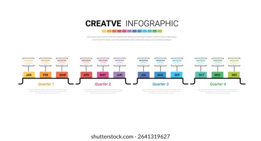 Year planner calendar, 12 months, 4 quarter, Timeline infographics design vector and Presentation business can be used for Business concept with 12 options, steps or processes. EPS vector.
