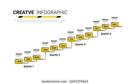 Year planner calendar, 12 months, 4 quarter, Timeline infographics design vector and Presentation business can be used for Business concept with 12 options, steps or processes. EPS vector.