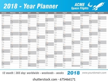 Year Planner Calendar 2018 - Vector. Annual worldwide printable wall planner, diary, activity template - with dates, days of the month - space for personal notes. Week starts Monday. Blue, ice.