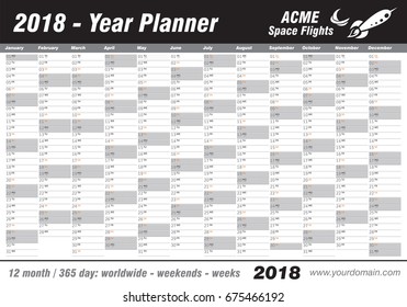 Year Planner Calendar 2018 - Vector. Annual worldwide printable wall planner, diary, activity template - with dates, days of the month - space for personal notes. Week starts Monday. Black, white.