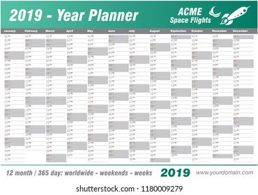 Year Planner Calendar 2019 - Vector. Annual worldwide printable wall planner, diary, activity template - with dates, days of the month - space for personal notes. Week starts Monday. Marine, turquoise