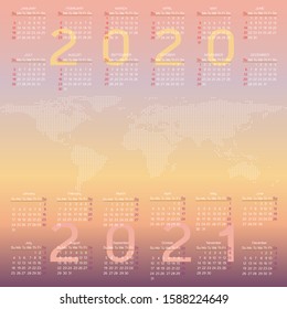 Year planner calendar of 2020 and 2021 on map background, stock vector