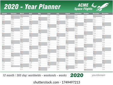 Year Planner Calendar 2020 - Vector. Annual worldwide printable wall planner, diary, activity template - with dates, days of the month - space for personal notes. Week starts Monday. Mint, green.