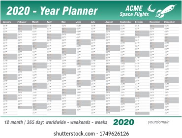 Year Planner Calendar 2020 - Vector. Annual worldwide printable wall planner, diary, activity template - with dates, days of the month - space for personal notes. Week starts Monday. Teal, green.