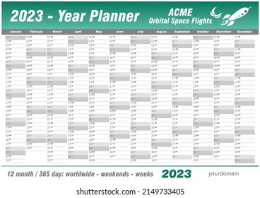 Year Planner Calendar 2023 - Vector. Annual worldwide printable wall planner, diary, activity template - with dates, days of the month - space for personal notes. Week starts Monday. Marine, custom.