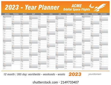 Year Planner Calendar 2023 - Vector. Annual worldwide printable wall planner, diary, activity template - with dates, days of the month - space for personal notes. Week starts Monday. Orange, citrus. svg