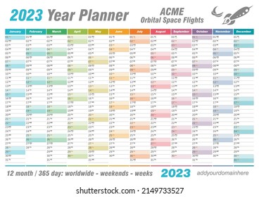 Year Planner Calendar 2023 - Vector. Annual worldwide printable wall planner, diary, activity template - with dates, days of the month - space for personal notes. Week starts Monday. Multi-colour.