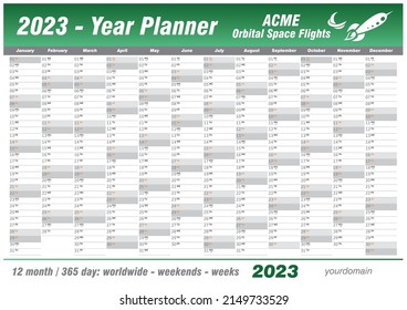 Jahr Planer Kalender 2023 - Vektorgrafik. Jährlicher, weltweit druckbarer Wandplaner, Tagebuch, Aktivitätsvorlage - mit Daten, Tagen des Monats - Platz für persönliche Noten. Die Woche beginnt Montag. Mint, grün.