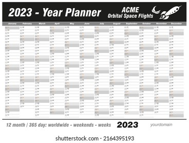 Year Planner Calendar 2023 - Vector. Annual worldwide printable wall planner, diary, activity template - with dates, days of the month - space for personal notes. Week starts Monday. Black, grey.
