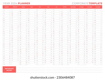 Year Planner Calendar for 2024 with Monthly Vertical Grid in Classic style and Red Color. Planner Template for schedule, timeline diary, work agenda, organizer.