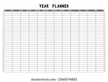 Year planner calendar template for notes. Vector illustration.
