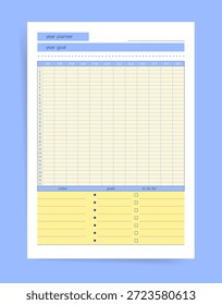 Año Planificador Resumen de objetivos Plantilla con la sección Mensual de Tabla y Notas, Diseño de planificación anual limpio para tareas de objetivos y listas de tareas pendientes, Organizador de productividad imprimible Diseño de Vector de página
