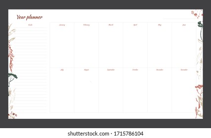 Year planner with minimalistic floral design. Year goals