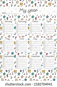 Year planner template isolated. Vector printable task organizer by months of year. Funny doodle design. Blank illustration of personal to do list. 