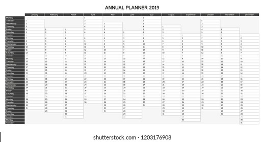 Year planning calendar for 2019 in English - Annual Planner 2019; Sundays are highlighted, greyscale monochrome variation (other languages and color variation in portfolio)