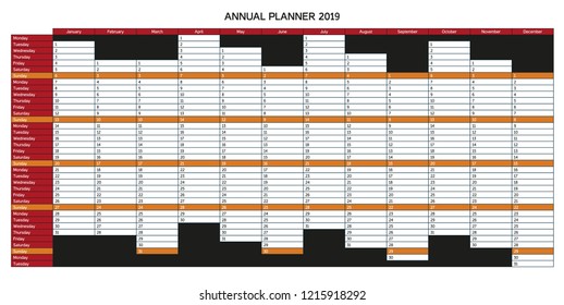 Year planning calendar for 2019 in English - Annual Planner 2019; Sundays are highlighted, colorful version with red and orange color, monochrome variation and other language mutations in portfolio