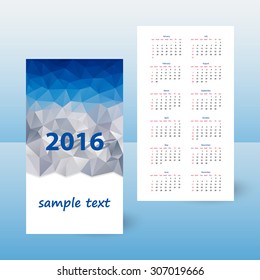 year pocket calendar 2016 - blue polygonal triangular design - week starts sunday - mountains