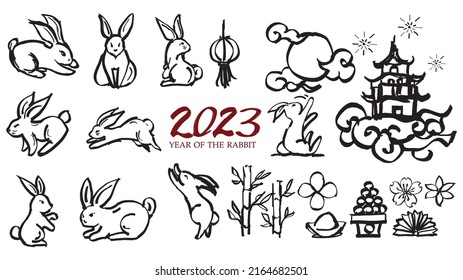 Year of the Rabbit 2023 ,Chinese brush strokes, rabbit and castle moon and offerings