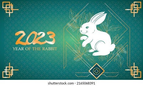 Year of the Rabbit 2023 Chinese New Year Chinese zodiac concept white rabbit with paper cut pattern and gold leaf