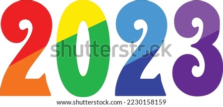 The year of the rabbit is 2023. Icon of the new year. Illustrations for printing. Rainbow numbers. Vector printing. Calendar background. Happy New Year greeting card. Rainbow hippies. LGBT.