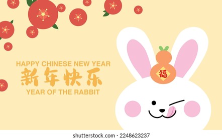 Year of the rabbit 2023 illustration banner vector. Cute rabbit head with tangerines and flowers in background.