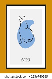 Year of the Rabbit 2023. Rabbit one line continuous drawing. Hare continuous one line illustration. Chinese Lunar Year 2023. Vector illustration yellow background