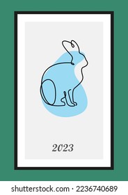 Year of the Rabbit 2023. Rabbit one line continuous drawing. Hare continuous one line illustration. Chinese Lunar Year 2023. Vector illustration green background