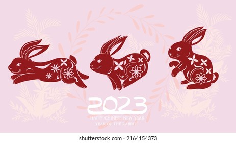 Year Of The Rabbit 2023,Chinese New Year Chinese Zodiac Concept ,red Rabbit Running Paper Cut Pattern