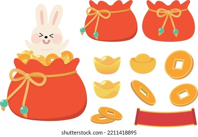 The year of rabbit. Bunny in the red lucky bag with golden coin and ingots. Flat vector illustration.