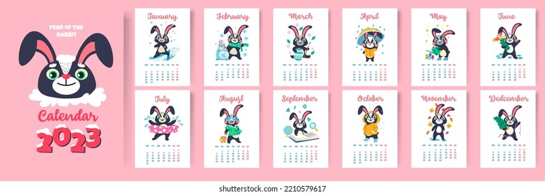 Year of rabbit, calendar for 2023. Months and days on sheet with different bunny personages, cute characters funny hares wearing seasonal clothes and accessories. Vector in flat style illustration