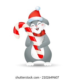 Year of rabbit. Christmas bunny in santa hat with lollypop. Chinese New year 2023 symbol. Vector illustration in cartoon style. Design element for greeting cards, holiday banner, decor.