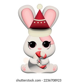 Year of rabbit. Christmas bunny in santa hat with lollypop. Chinese New year 2023 symbol. Vector illustration in cartoon style. Design element for greeting cards, holiday banner, decor.