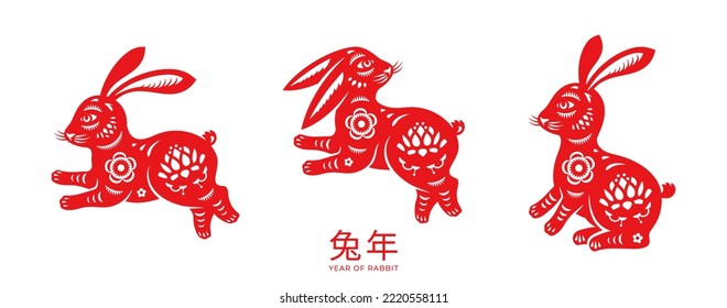 Year of rabbit, CNY Chinese New Year of 2023. Isolated hare with botany and asian flowers motif and ornaments decor. Vector in flat style illustration