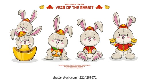 Year Of The Rabbit. Happy Chinese New Year 2023 Banner Design. Set Animal Character Cartoon Illustration