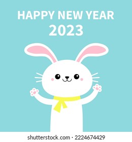 The year of the rabbit. Happy Chinese New Year 2023. Bunny waving paw print hand. Yellow scarf. Cute cartoon kawaii funny baby character. White farm animal. Blue background. Flat design Vector
