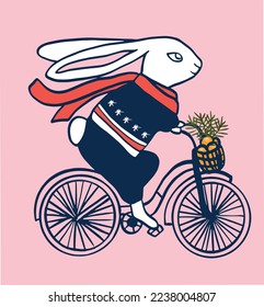 The year of the rabbit hurries to us on a bicycle with tangerines and a cartoon style Christmas tree.Vector graphics